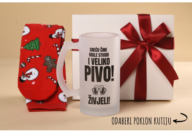 "Sreću čine male stvari i veliko pivo" poklon paket (krigla+čarape)
